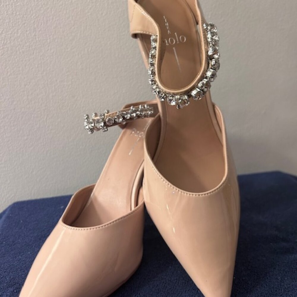 Linea Paolo Nude Heels with Rhinestone Strap